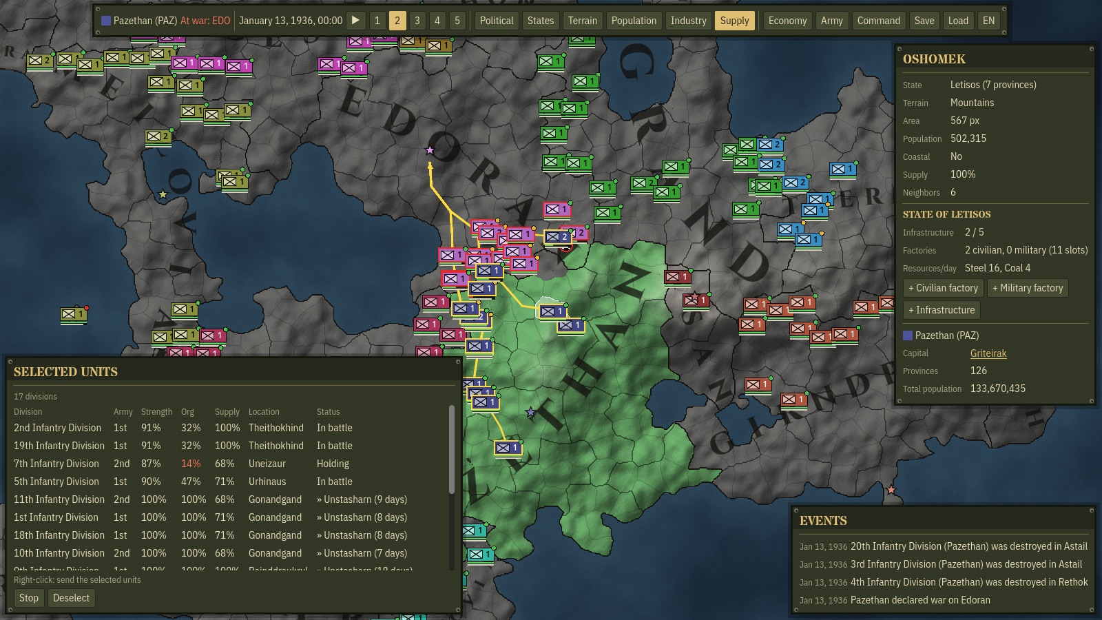 An offensive in supply map mode: armies, arrows and supply levels